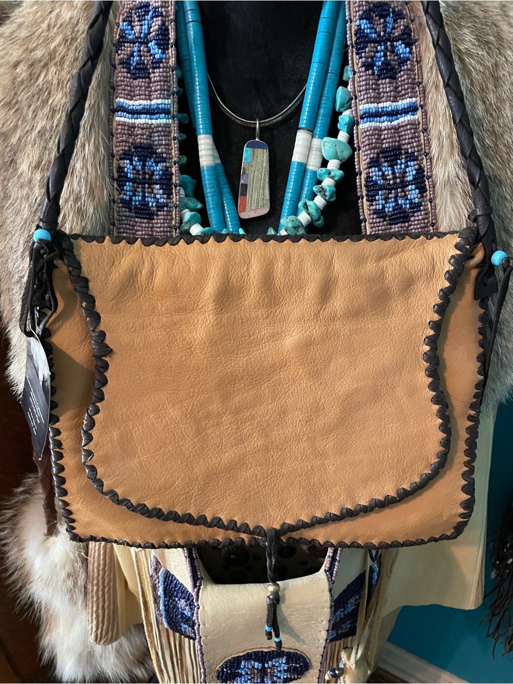 Boho Brown Leather Fringe Crossbody Bag with Turquoise Beaded Medallion - Picture 6 of 6